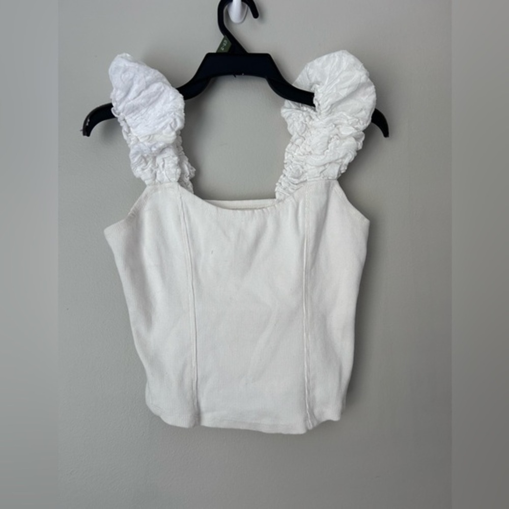 Anthropologie White Textured Ruffle Blouse